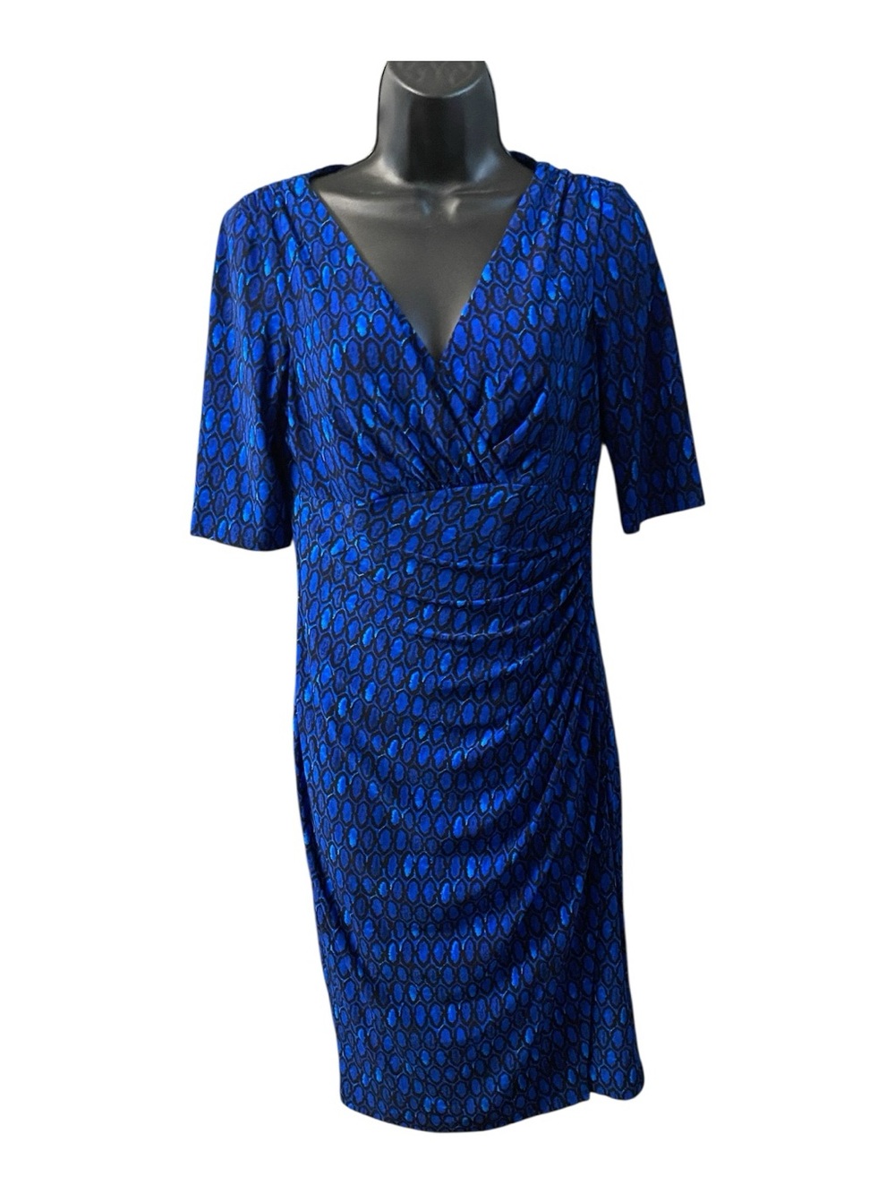 Lauren Ralph Lauren Black/Blue 3/4 sleeve Stretch V-neck Faux wrap Dress Size 4 - Picture 3 of 9